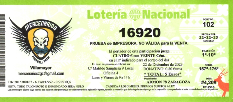 Participacion de loteria de Navidad personalizada de la pena Mercenarios de Zaragoza